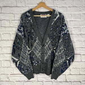 Vintage Women’s Large Gray Blue Knit Cardigan Sweater GrannyCore